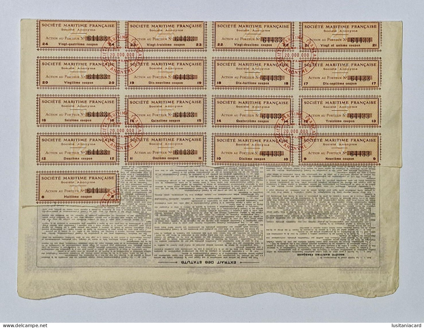 FRANCE - PARIS - Societé Maritime Française - Action De Deux Cent Cinquante Francs  Nº 64433 - 15JUIN1920 - Schiffahrt