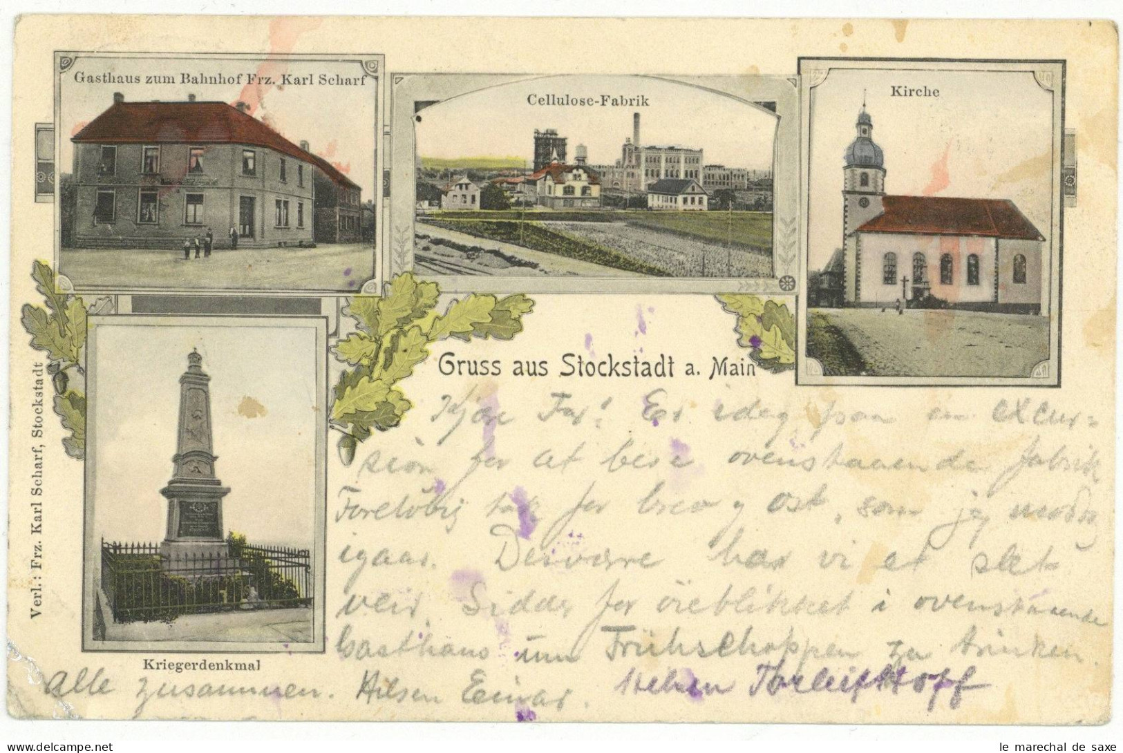 Litho Ak Stockstadt Am Main Aschaffenburg 1909 Gasthaus Z Bahnhof Scharf Kriegerdenkmal Cellulosefabrik - Aschaffenburg