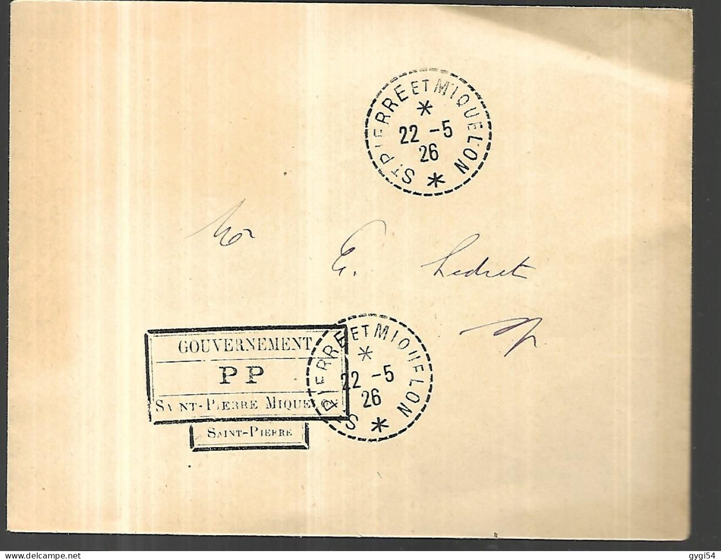 LETTRE GOUVERNEMENT PP SAINT PIERRE ET MIQUELON . 22 05 1926 - Cartas & Documentos