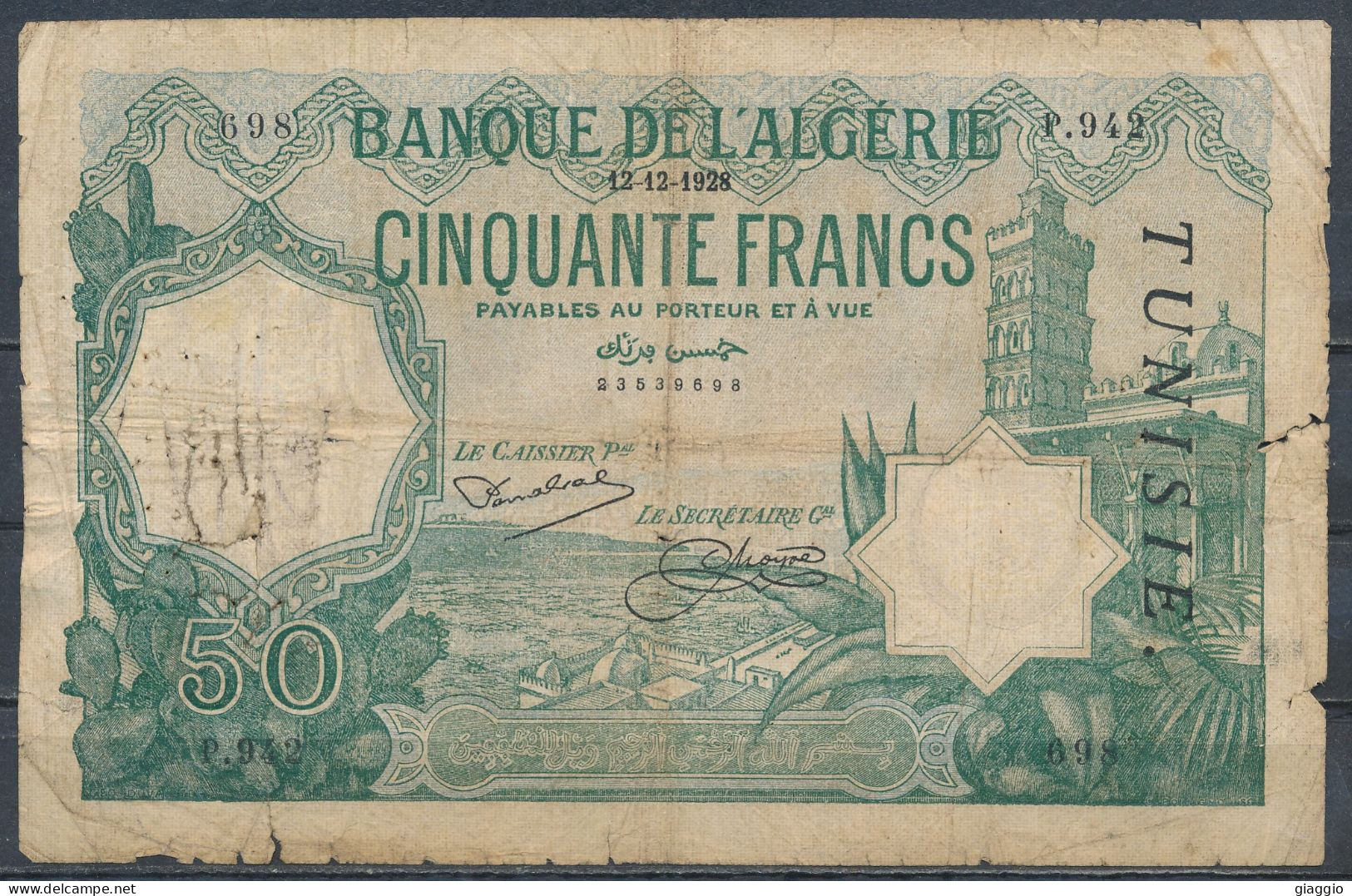 °°° TUNISIA TUNISIE BANQUE DE L'ALGERIE 50 FRANCS 12-12-1928 - VERY RARE DATE UNKNOWN °°° - Algerien