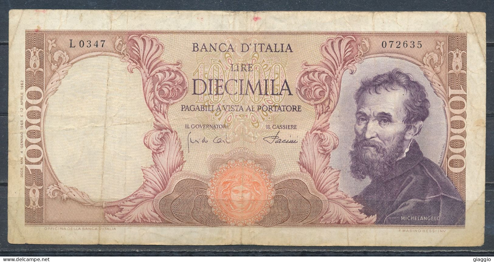 °°° ITALIA - 10000 LIRE MICHELANGELO 04/01/1968 SERIE L °°° - 10000 Lire