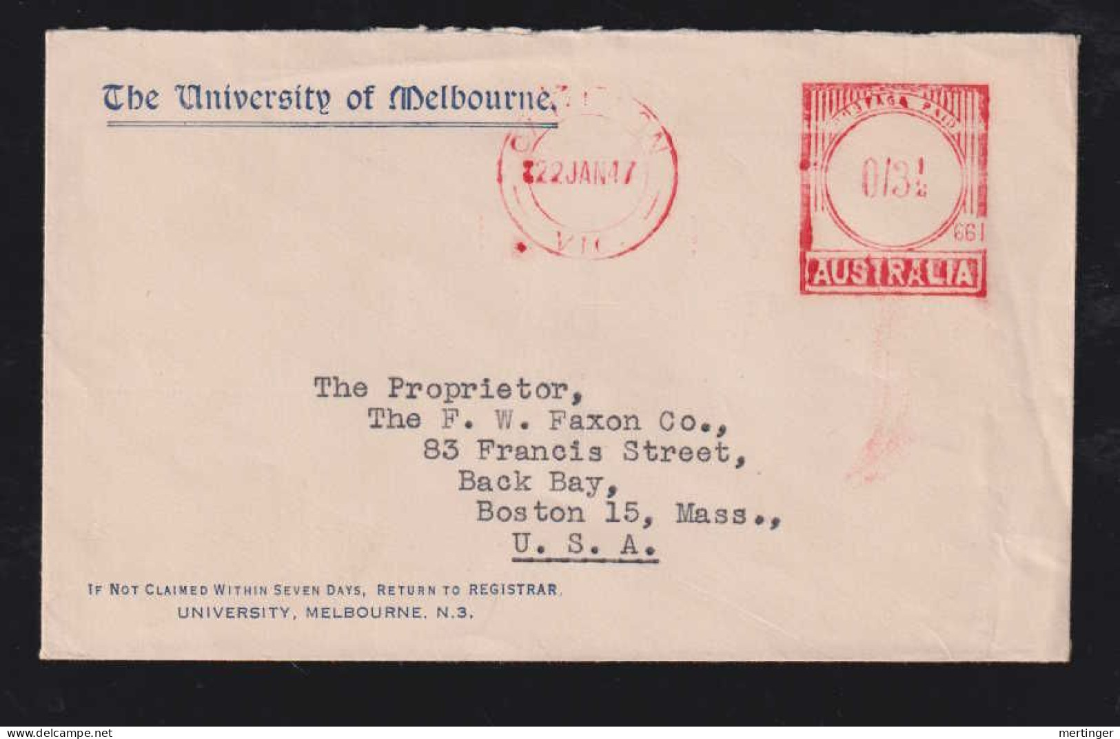 Australia 1947 Meter Cover 3½p University Of Melbourne To BOSTON USA - Covers & Documents