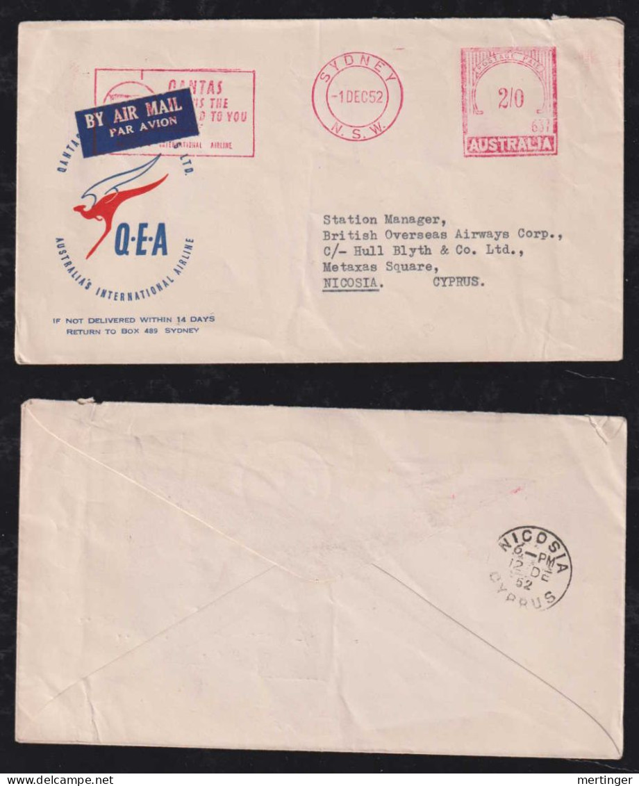 Australia 1952 Meter Airmail Cover 2Sh SYDNEY X NICOSIA Cyprus Advertising QANTAS Airline - Covers & Documents