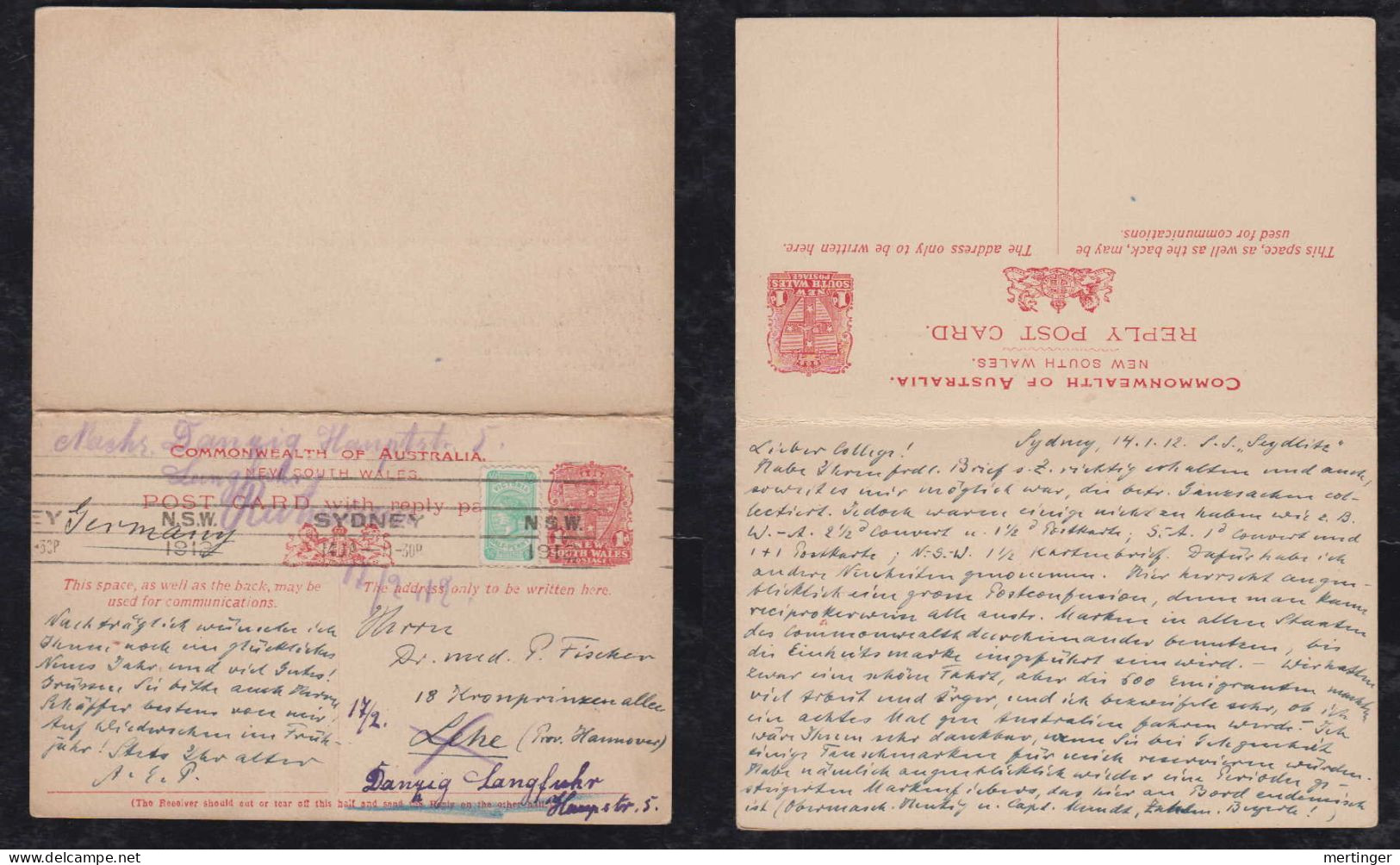 New South Wales Australia 1912 Uprated Question/Reply Stationery Postcard SYDNEY X LEHE Forwarded DANZIG Gdansk - Cartas & Documentos