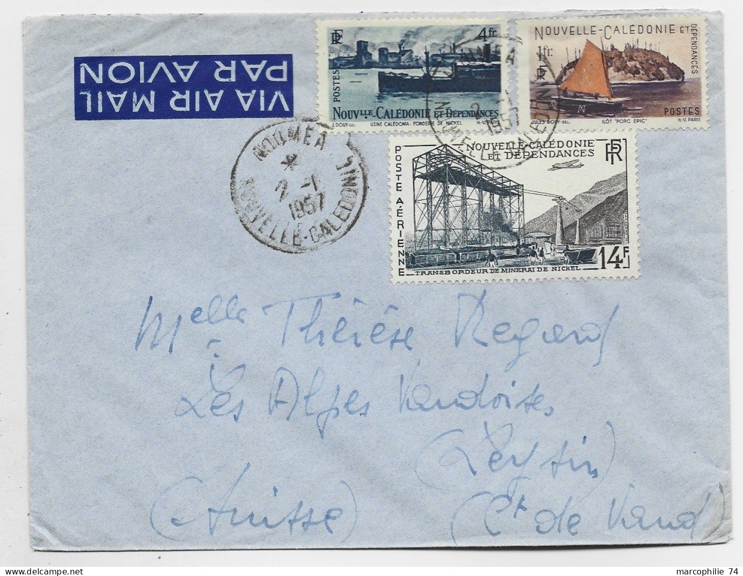 NOUVELLE CALEDONIE 4FR+1FR + PA 14FR LETTRE AVION NOUMEA 2.1.1957 POUR SUISSE - Briefe U. Dokumente