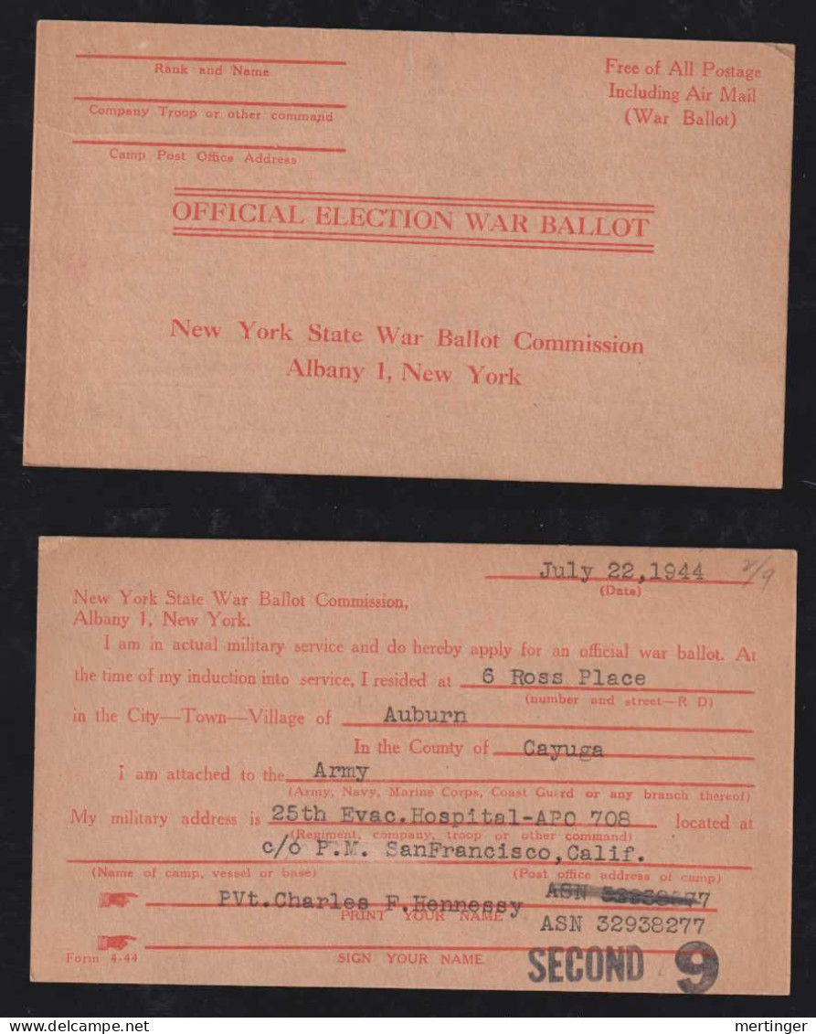 New Hebrides 1944 APO 708 War Ballot Stationery To NEW YORK USA - Andere & Zonder Classificatie