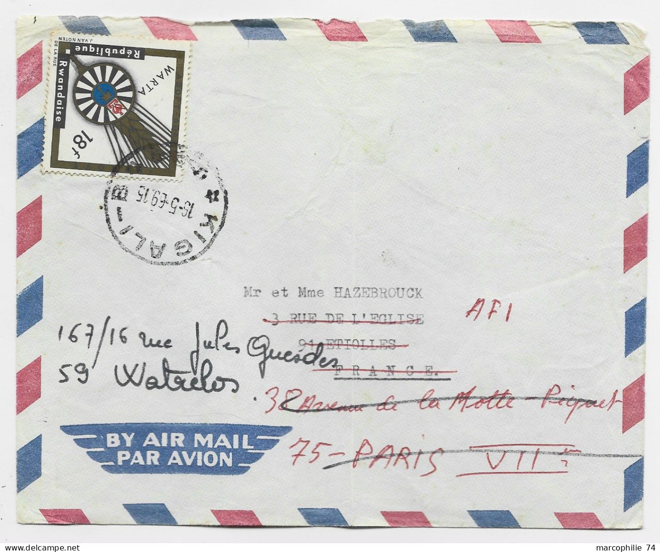 RWANDA 18FR SOLO LETTRE COVER AIR MAIL KIGALI 19.5.1969 TO FRANCE - Lettres & Documents