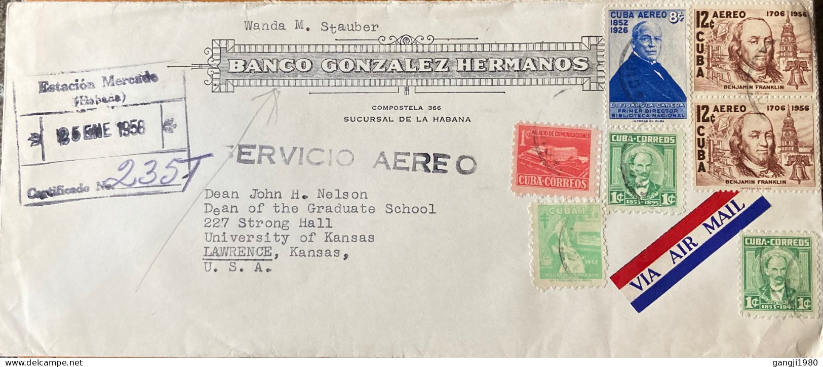 CUBA 1958, COVER USED TO USA, BANCO GONZALEZ HERMANOS, 1956 BENZAMIN FRANKLIN, JOSE MARTI, ANTI T.B. STAMP, LAWRENCE CIT - Storia Postale