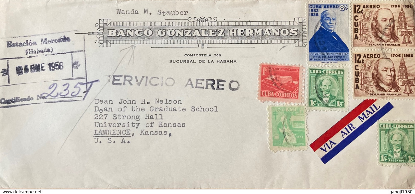 CUBA 1958, COVER USED TO USA, BANCO GONZALEZ HERMANOS, 1956 BENZAMIN FRANKLIN, JOSE MARTI, ANTI T.B. STAMP, LAWRENCE CIT - Storia Postale