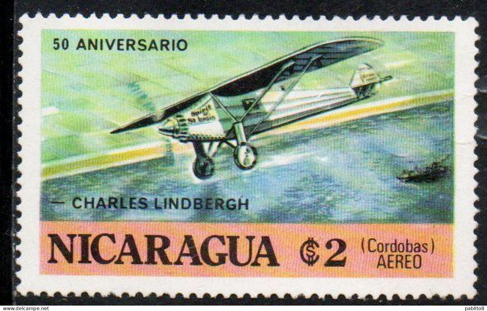 NICARAGUA 1977 CHARLES A. LINDBERGH PLANE FLIGHT PACIFIC COAST 2cor MNH - Nicaragua