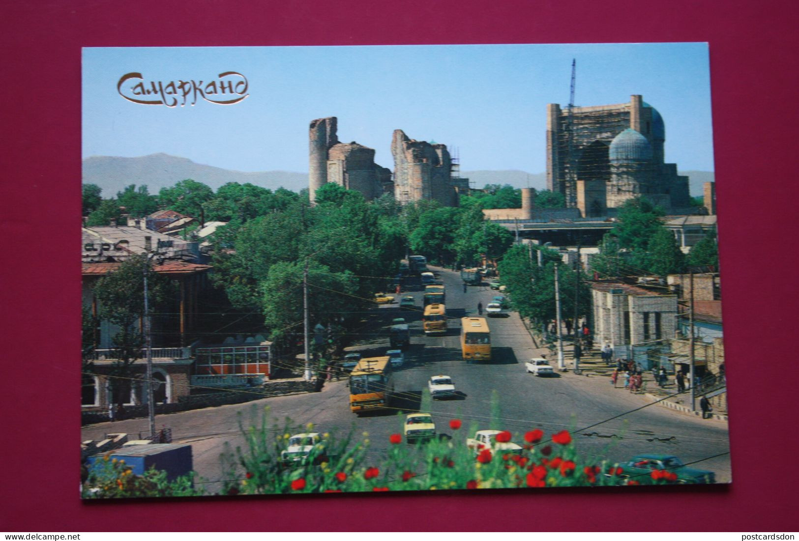 Uzbekistan. Samarkand.  TAXI Car Volga. Ikarus Bus - OLD USSR POSTCARD (1990s) - Taxis & Huurvoertuigen