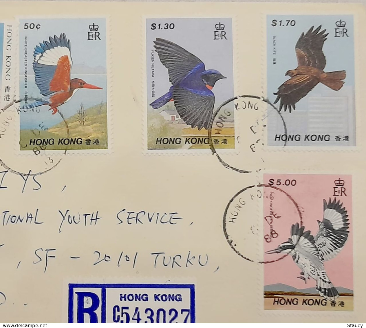HONG KONG 1988 Complete 4v Set Of BIRDS Stamps (Michel #536/39) On Official FDC REGISTERED To FINLAND As Per Scan - Lettres & Documents