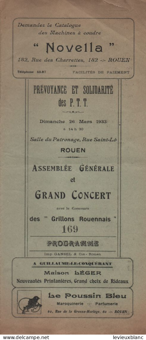 Prévoyance Et Solidarité Des PTT/Salle Du Patronage ROUEN/AG & Gd CONCERT/Les Grillons Rouennais/1933    PART324 - Programma's