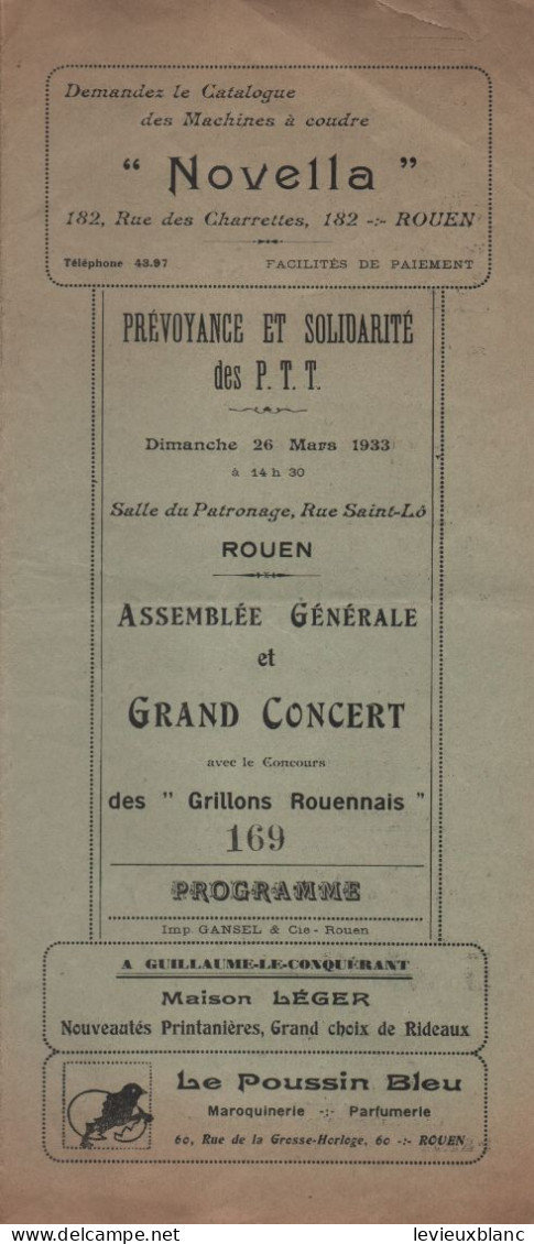 Prévoyance Et Solidarité Des PTT/Salle Du Patronage ROUEN/AG & Gd CONCERT/Les Grillons Rouennais/1933    PART324 - Programmi