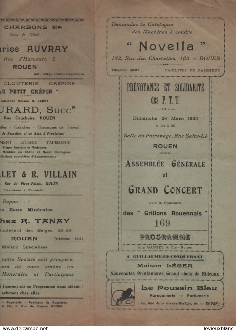 Prévoyance Et Solidarité Des PTT/Salle Du Patronage ROUEN/AG & Gd CONCERT/Les Grillons Rouennais/1933    PART324 - Programma's