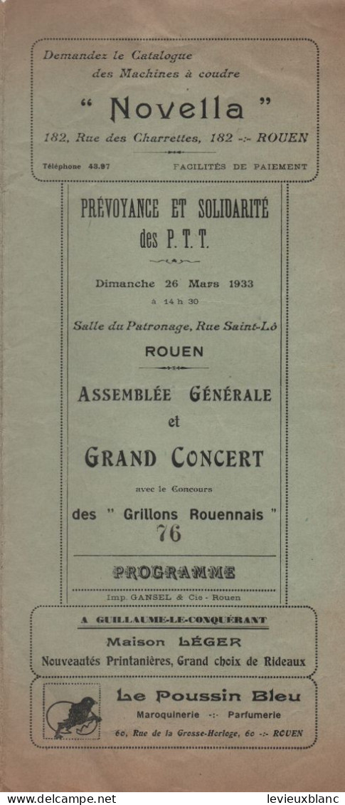 Prévoyance Et Solidarité Des PTT/Salle Du Patronage ROUEN/AG & Gd CONCERT/Les Grillons Rouennais/1933    PART325 - Programmi