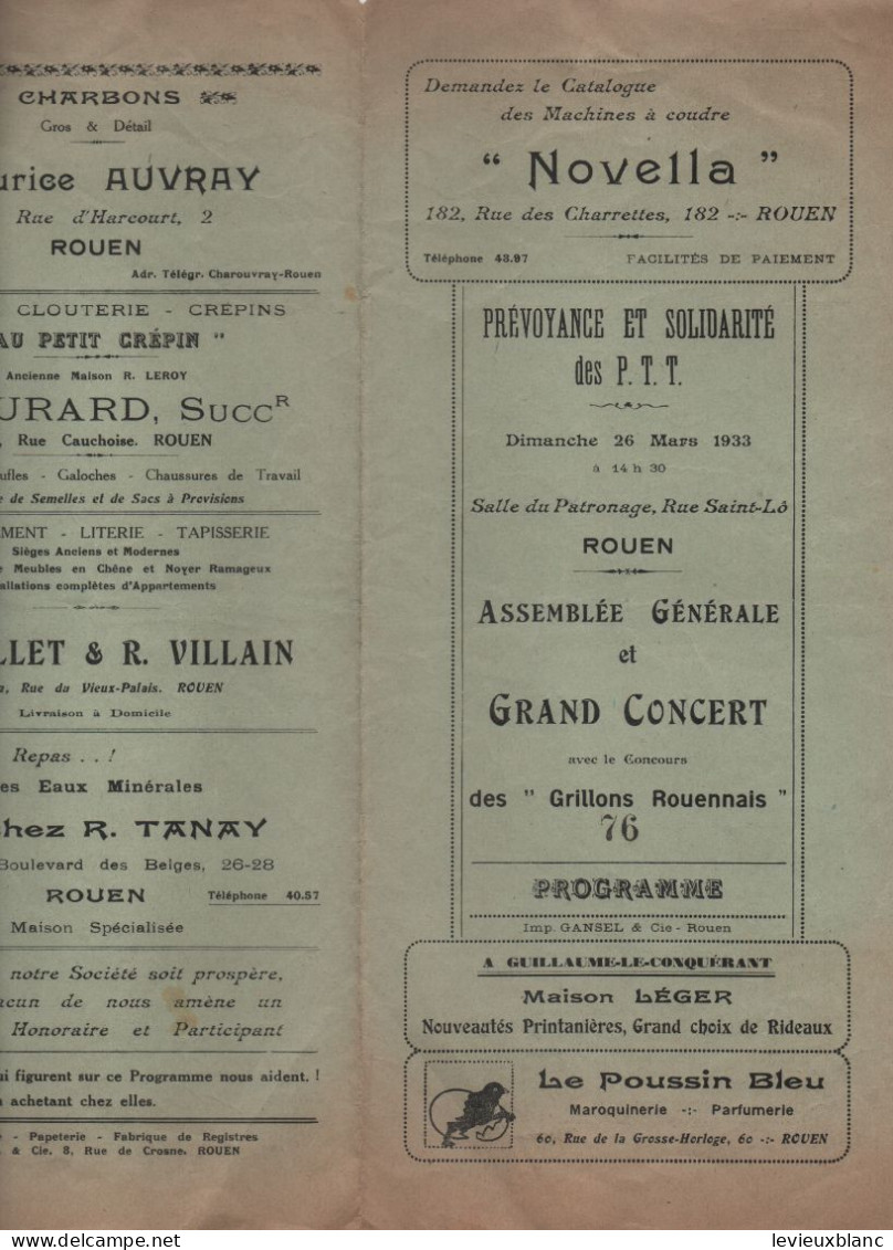 Prévoyance Et Solidarité Des PTT/Salle Du Patronage ROUEN/AG & Gd CONCERT/Les Grillons Rouennais/1933    PART325 - Programma's