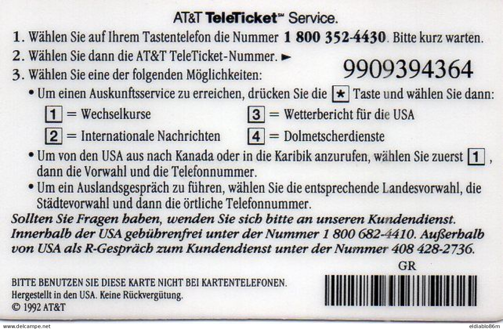 UNITED STATES - PREPAID - AT&T - TELETICKET - AMERICAN BALD EAGLE - GROUP 3 - GERMAN - AT&T