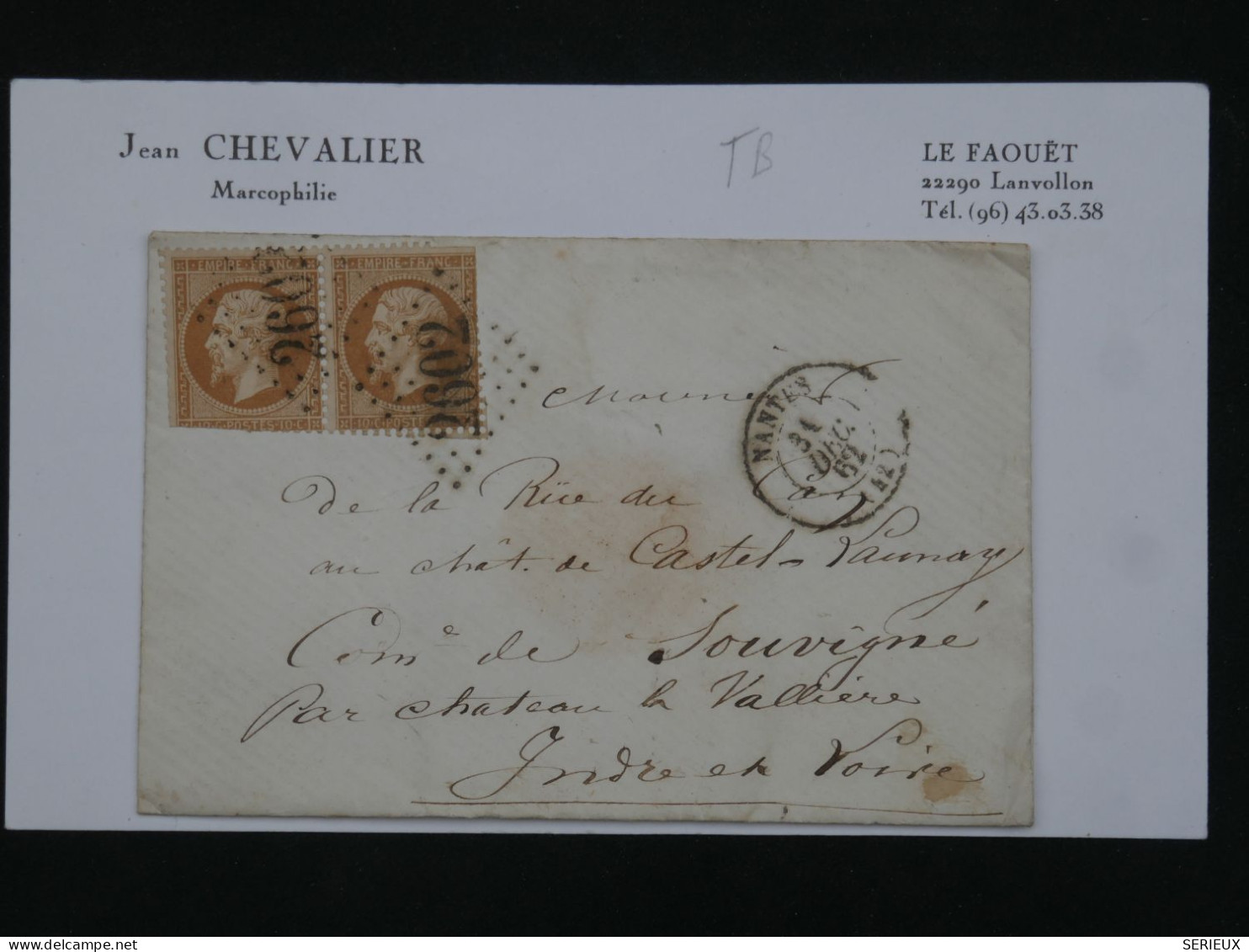 BR16 FRANCE BELLE LETTRE  1863 NANTES AU CHATEAU LAVALLIERE CASTEL LAUNAY  ++ PAIRE DE NAPOLEON N° 21 ++ - 1862 Napoléon III