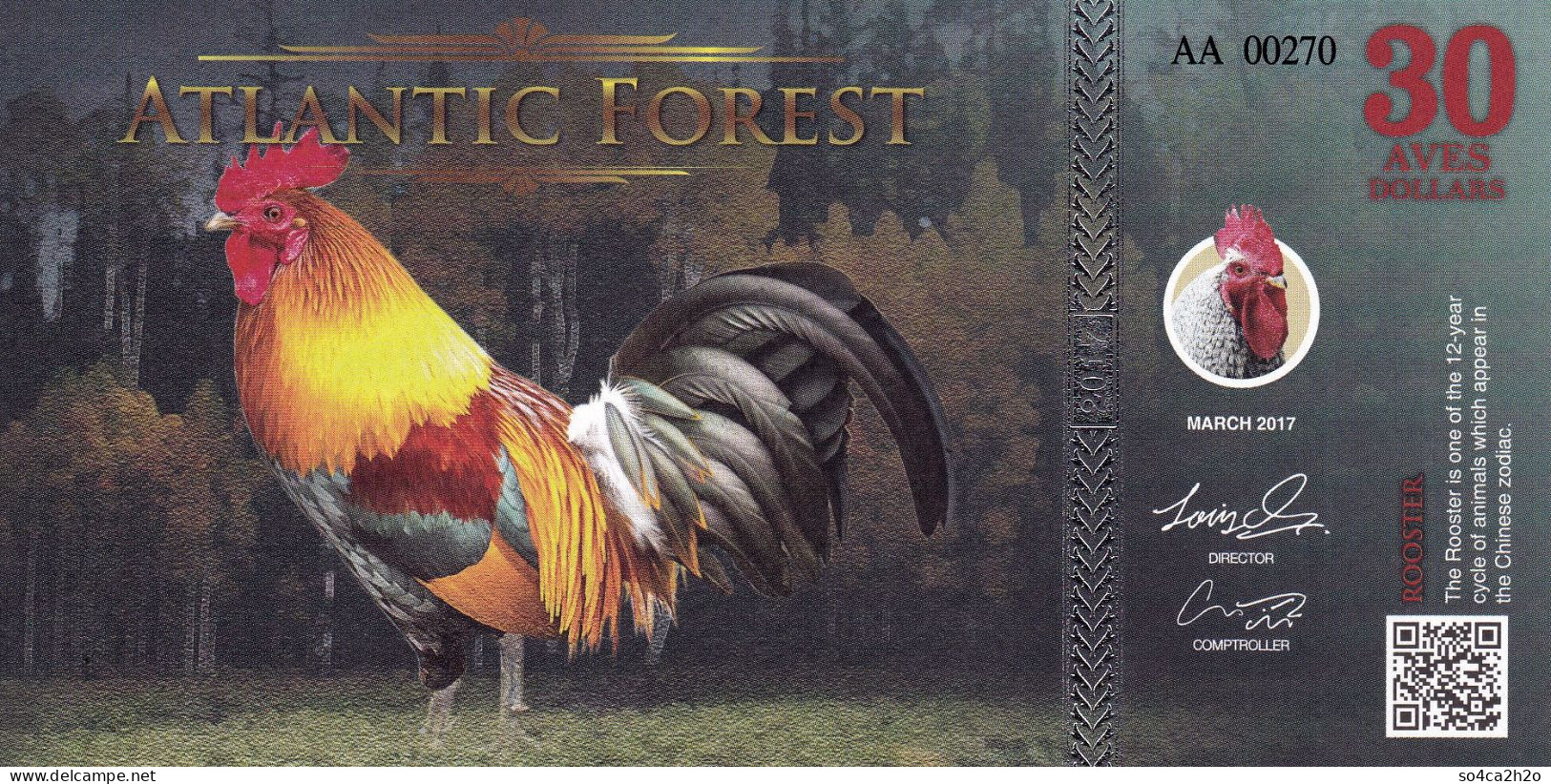 Atlantic Forest 30 Aves Dollars UNC 2017 Le Coq - Fictifs & Spécimens