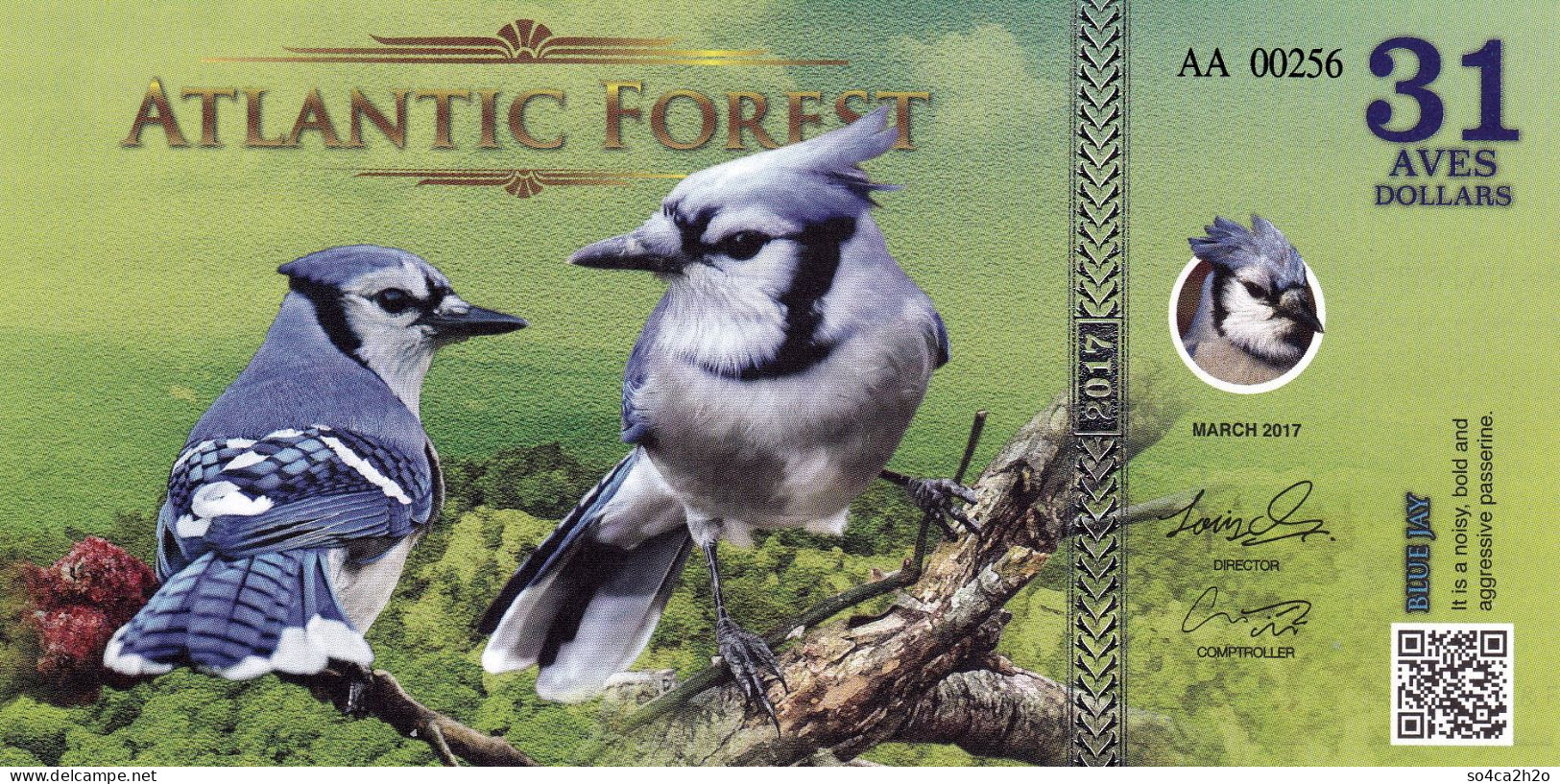 Atlantic Forest 31 Aves Dollars UNC 2017 Le Geai Bleu - Fictifs & Spécimens
