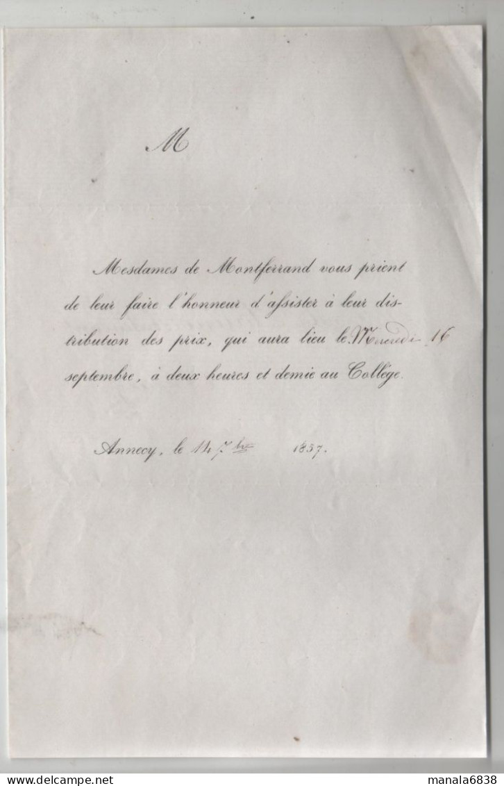 De Montferrand Distribution Des Prix 1857 Annecy Comte Salino Intendant - Non Classés