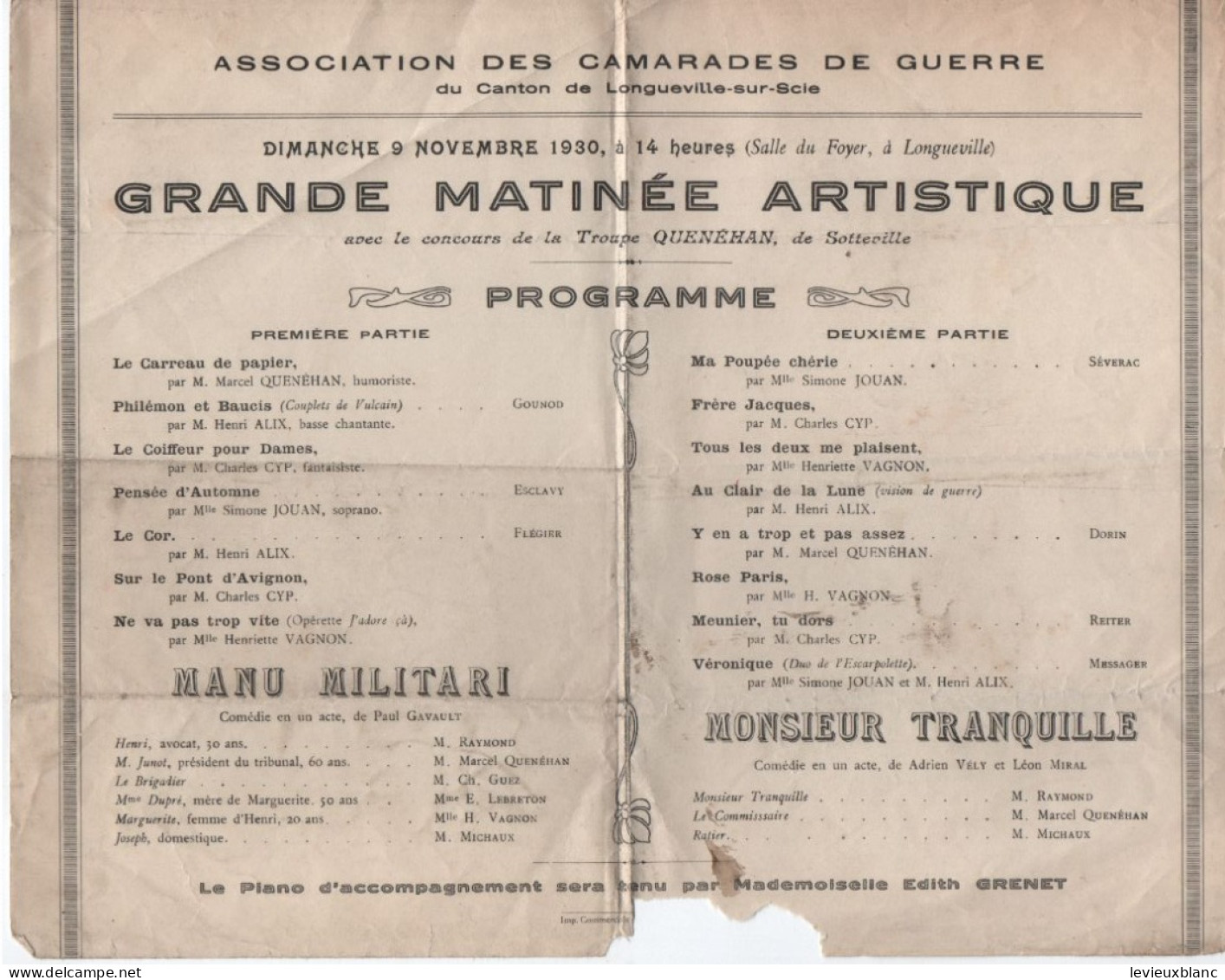 Militaria / Grande Matinée Artistique/ Association Des Camarades De Guerre/Canton De Longueville./1930  PROG359 - Programmi
