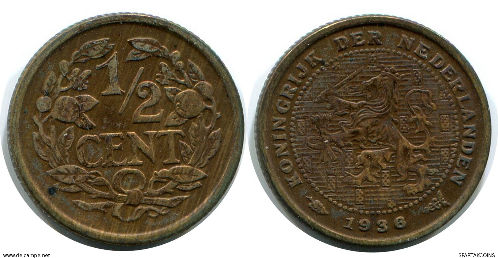 1/2 CENT 1938 NETHERLANDS Coin #AR960.U - 0.5 Centavos