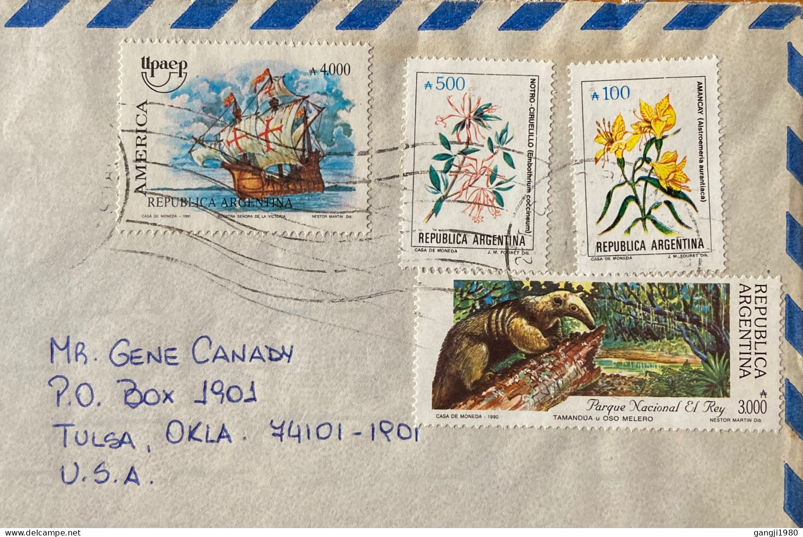 ARGENTINA 1990,COVER USED TO USA, FLOWER, PLANT, SHIP, FOREST, ANIMAL, NATURE,  4 DIFFERENT STAMP. - Covers & Documents