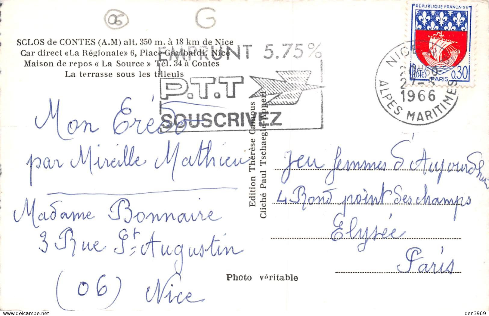 SCLOS-de-CONTES (Alpes-Maritimes) - Maison De Repos La Source - La Terrasse Sous Les Tilleuls - Voyagé 1966 (2 Scans) - Contes