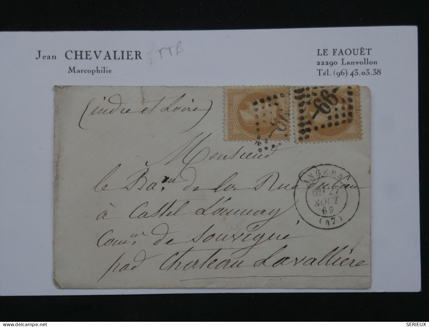 BR16 FRANCE BELLE LETTRE 1869  ANGERS  AU CHATEAU LAVALLIERE CASTEL LAUNAY  + NAPOLEON N° 28 +AFF. PLAISANT+++ - 1863-1870 Napoléon III Lauré