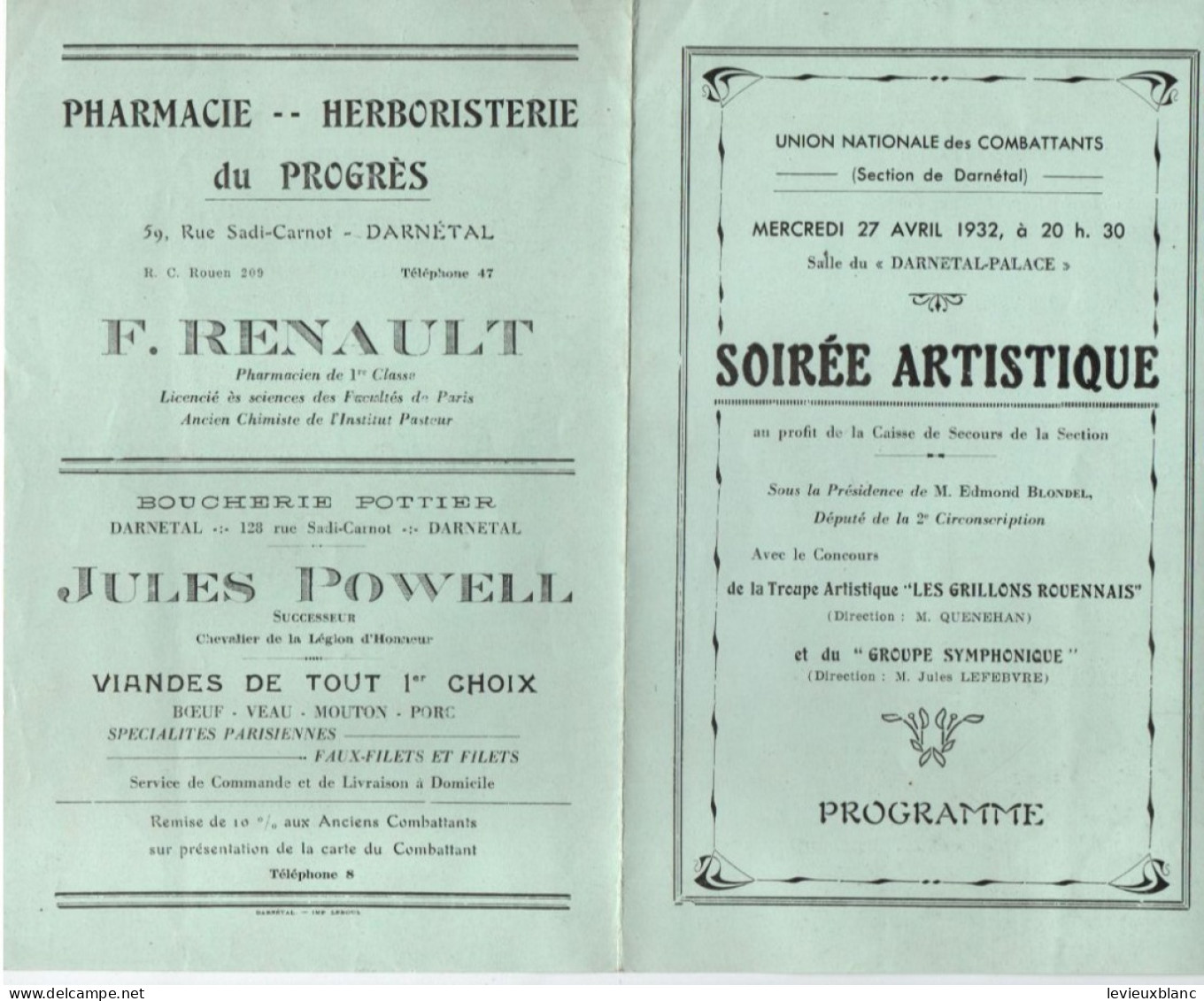 Militaria/Programme / Union Nationale Des Combattants/Section De DARNETAL/Les Grillons Rouennais//1932  PROG361 - Programma's