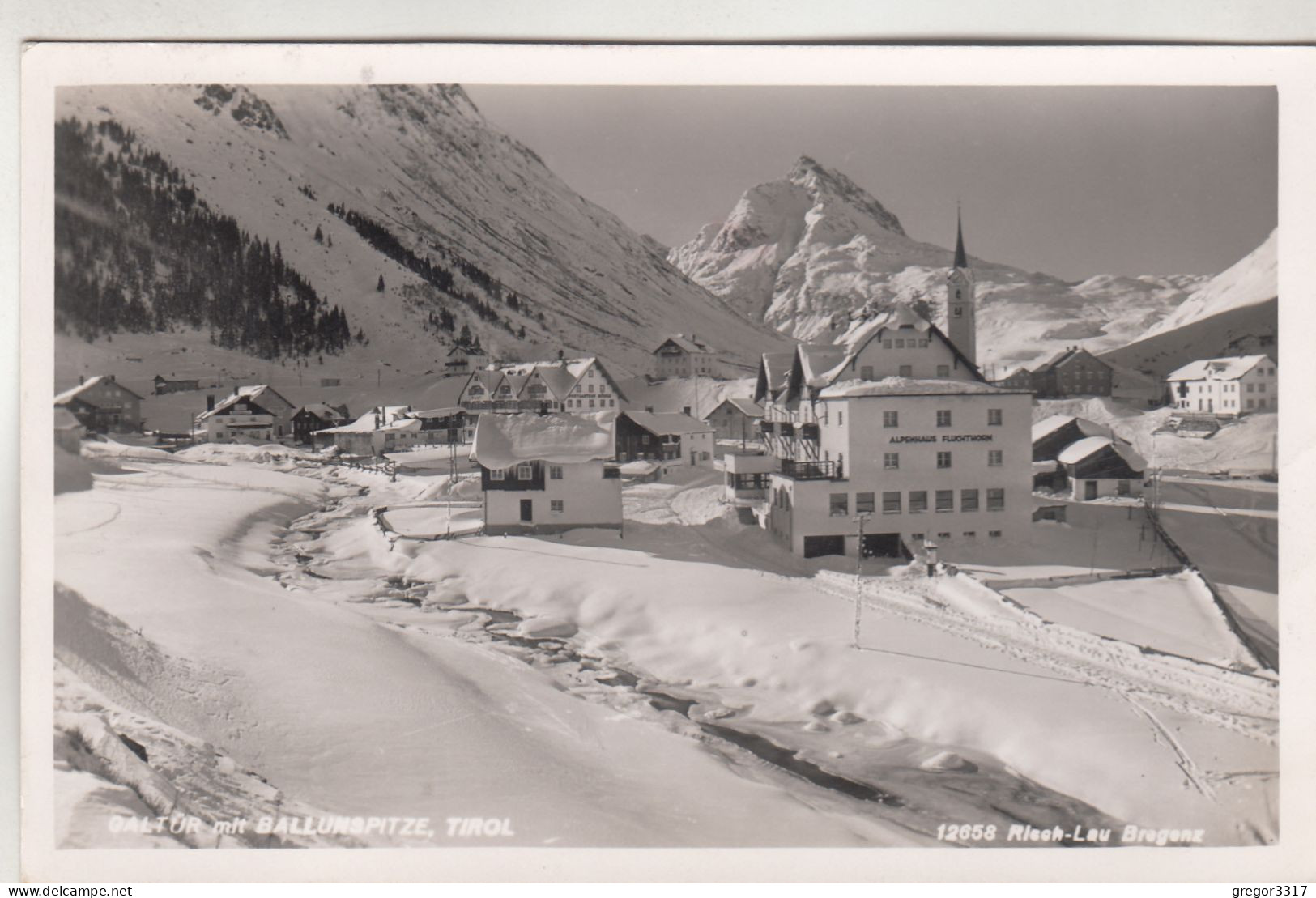 C7780) GALTÜR Mit Ballunspitze - Tirol - Stark Verschneite Straße - Kirche U. Alpenhaus FLUCHTHORN - 1954 - Galtür