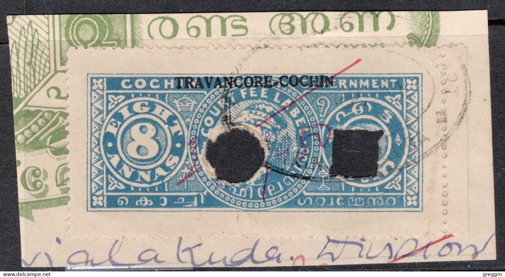 India Travancore State Overprinted On Cochin 1948 Eight Annas Court Fee With Fiscal Cancellation. - Andere & Zonder Classificatie