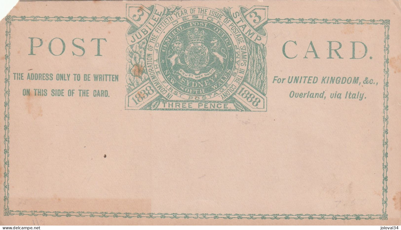 Australie Sydney New South Wales Entier Postal Three Pence Jubilee 1838 - 1858 - Non Circulé - état Voir Scan - Briefe U. Dokumente