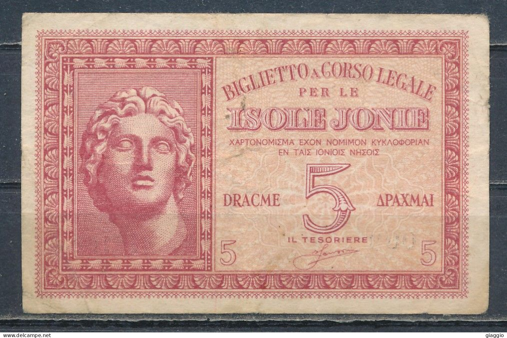 °°° ITALIA OCC. DELLA GRECIA - ISOLE JONIE 5 DRACME 1942 °°° - Occupazione Italiana Egeo