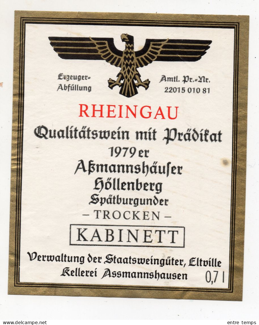 1 Etiquette Ancienne De VIN ALLEMAND - RHEINGAU 1979 Kabinett - Andere & Zonder Classificatie