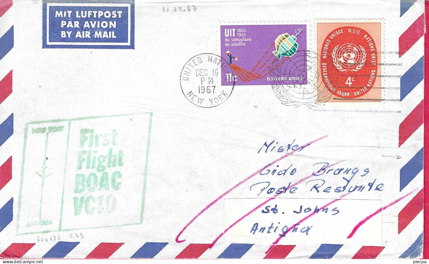 O.N.U. - FIRST FLIGHT BOAC WITH VC10 FROM NEW YORK TO ANTIGUA *DEC 10, 1967* ON COVER - Poste Aérienne