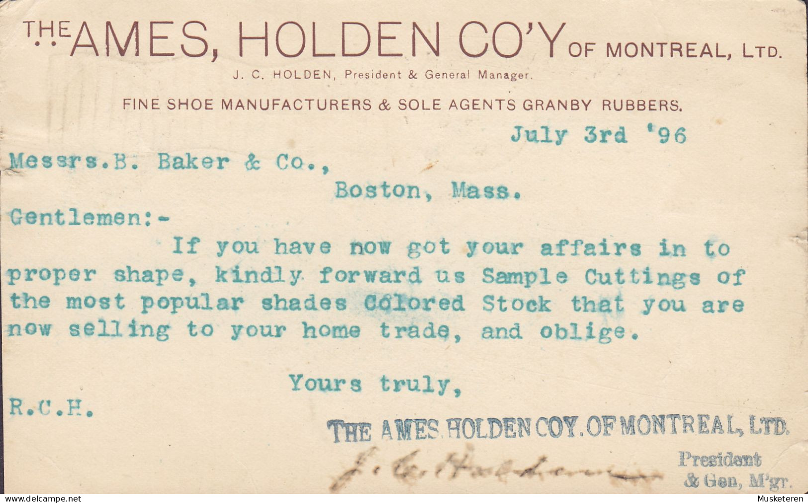 Canada Postal Stationery Ganzsache Entier Victoria PRIVATE Print AMES, HOLDEN CO'Y Of MONTREAL 1896 (2 Scans) - 1860-1899 Reinado De Victoria