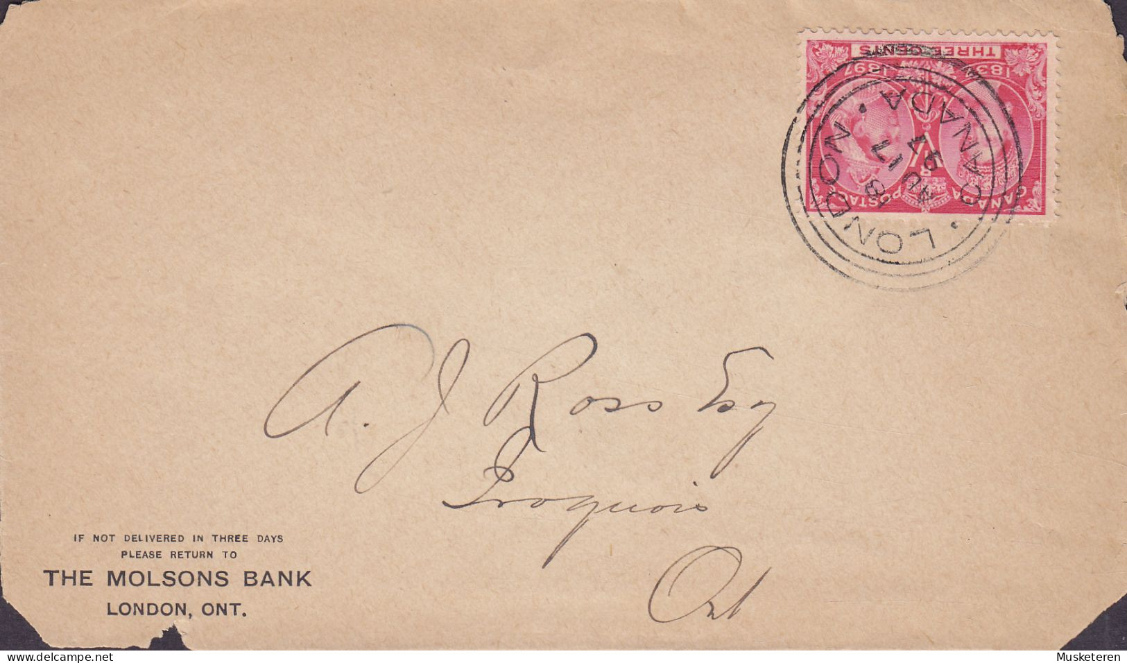 Canada THE MOLSONS BANK, Deluxe Cds. LONDON Ontario 1897 Cover Brief Lettre ROQUOIS Ont. (Arr. Cds.) (2 Scans) - Cartas & Documentos