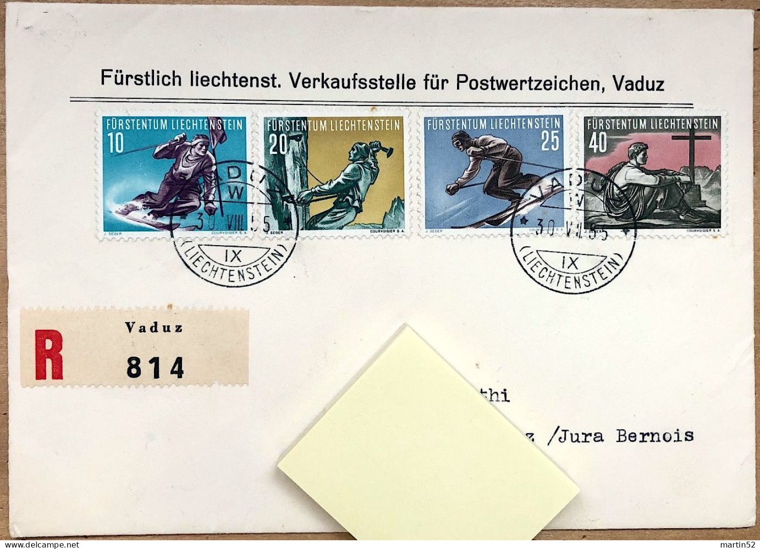 Liechtenstein 1955: Sport II Zu 278-281 Mi 334-337 Yv 296-299 VADUZ 30.VIII.55 >> LES CERLATEZ 31.VIII.55 (Zu CHF 60.00) - Cartas & Documentos