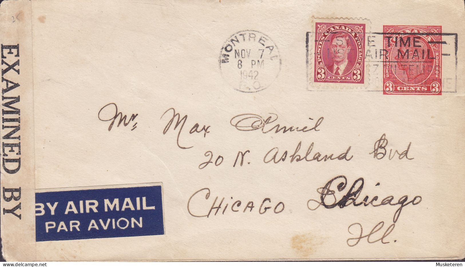 Canada Uprated Postal Stationery Ganzsache BY AIR MAIL Label MONTREAL 1942 CHICAGO Etats Unis EXAMINED BY USA Censor - 1903-1954 Reyes