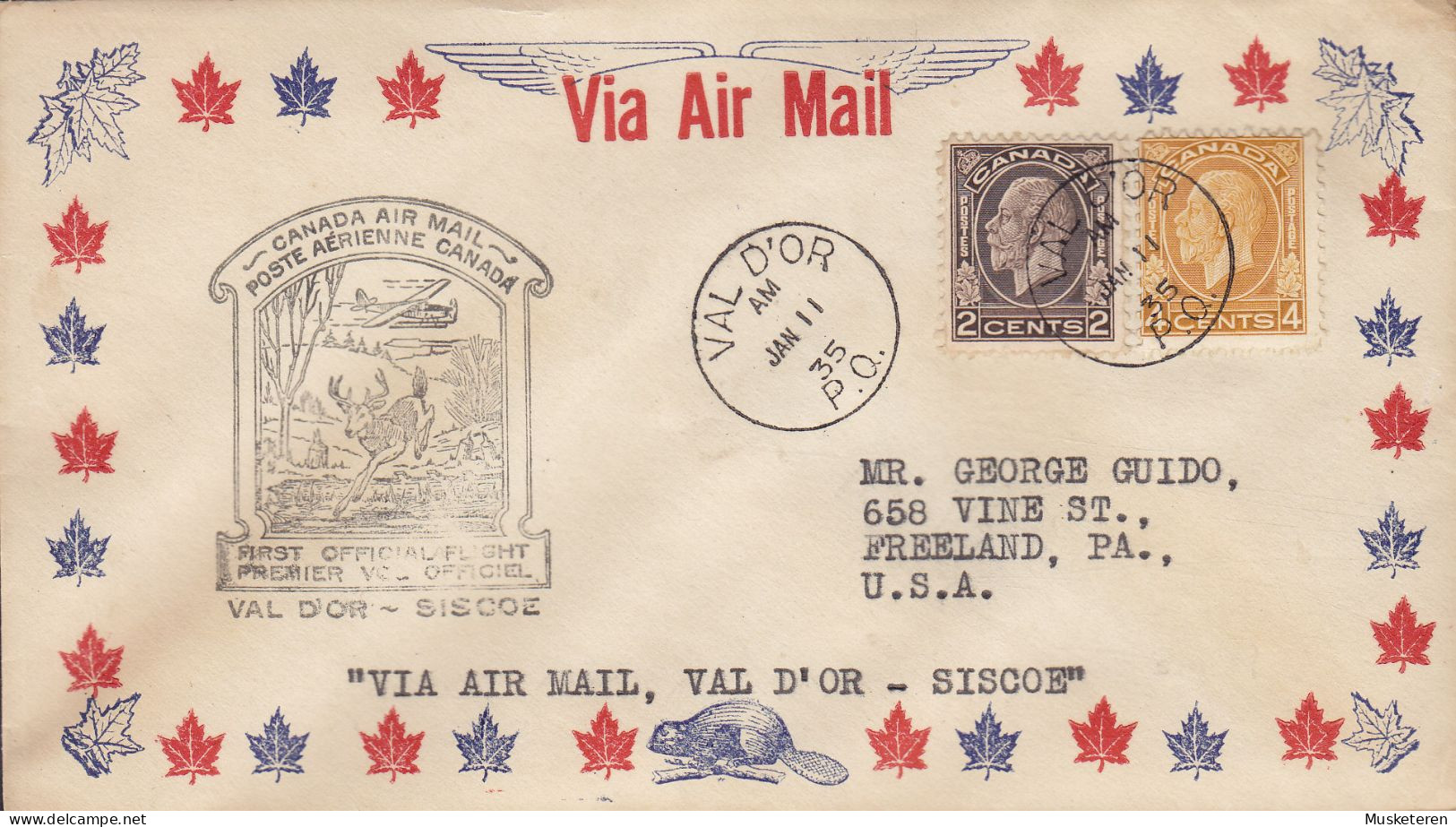 Canada Via Air Mail 1st First Official Flight VAL D'OR - SISCOE 1935 Cover Lettre Beaver Cachet (2 Scans) - Airmail