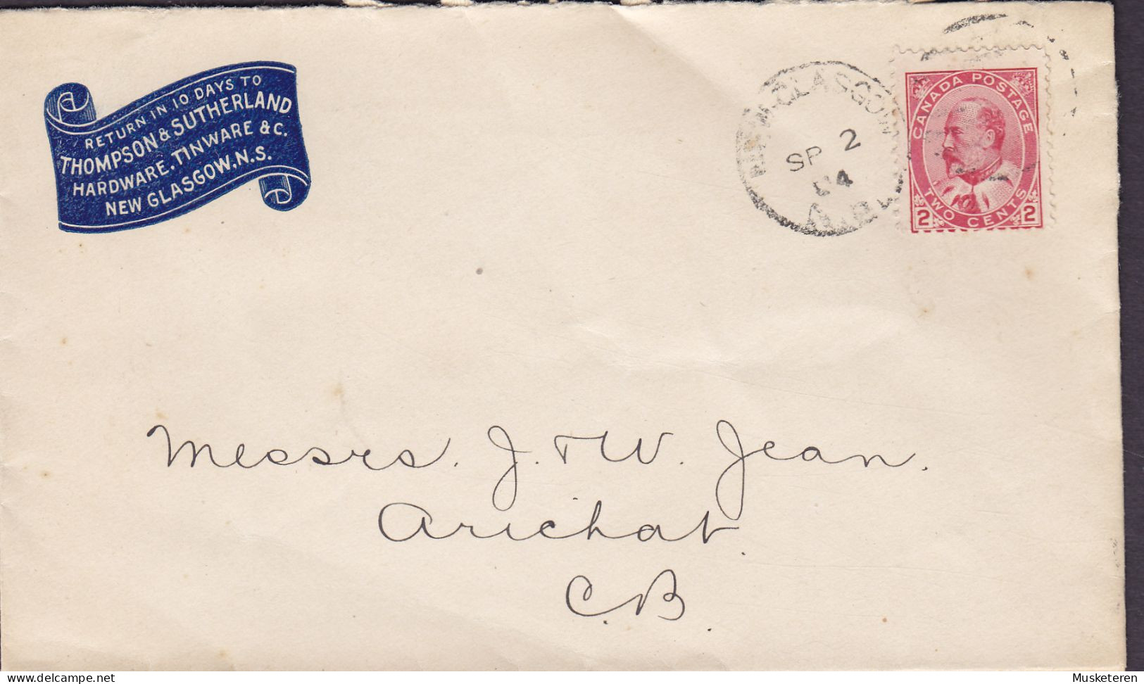 Canada THOMPSON & SUTHERLAND Hardware Tinware, NEW GLASGOW 1904 Cover Brief Lettre ARICHAT (Arr.) Edw. VII. Stamp - Briefe U. Dokumente