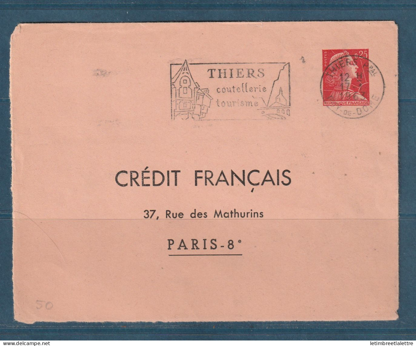 France - Enter Postal - Marianne De Muller - Timbré Sur Commande Du Crédit Français - Thiers Coutellerie - 1963 - Standaardomslagen En TSC (Voor 1995)