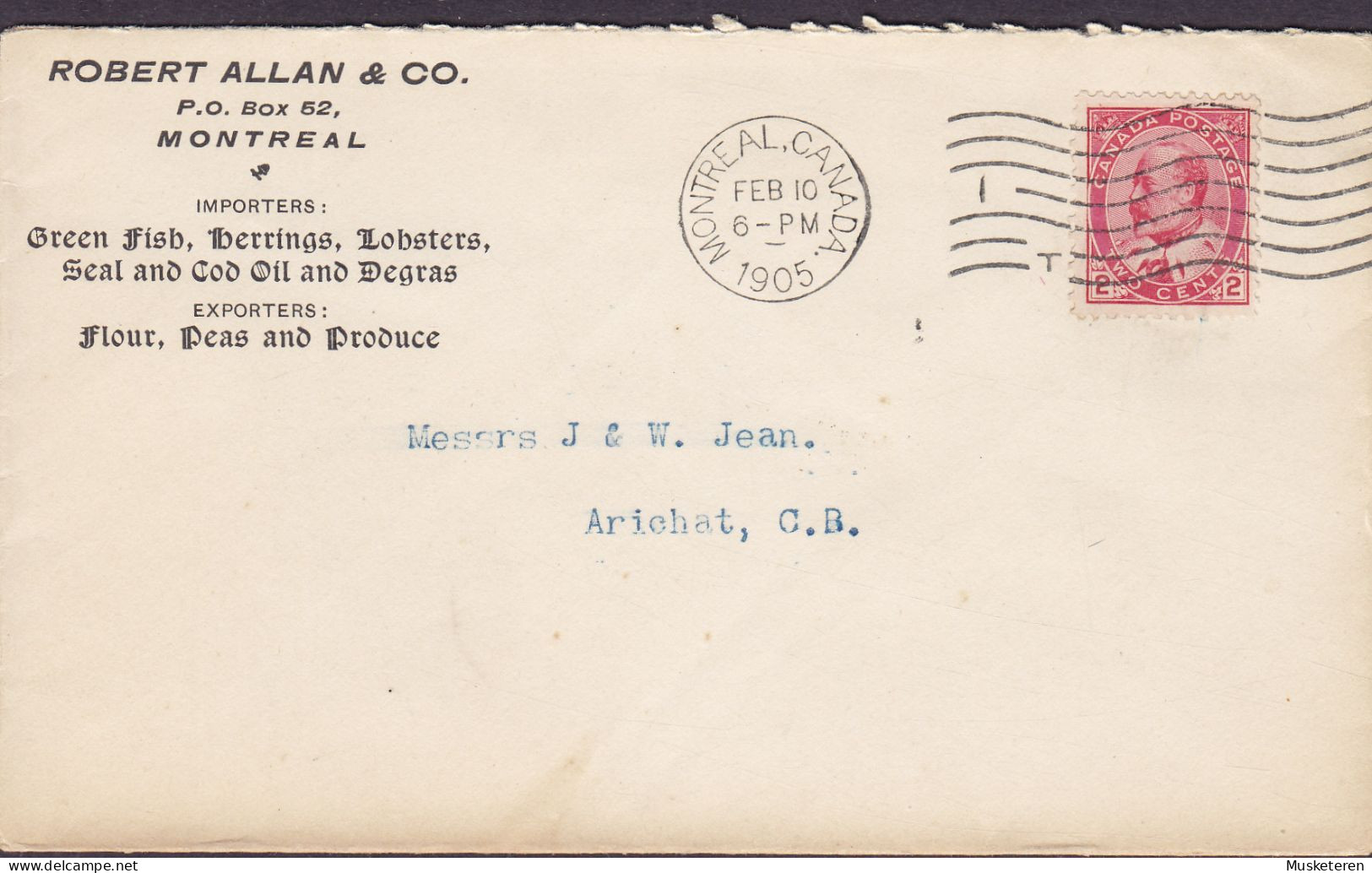 Canada ROBERT ALLAN & Co. Fish Herrings Lobsters MONTREAL 1905 Cover Brief Lettre ARICHAT (Arr.) Edw. VII. Stamp - Cartas & Documentos