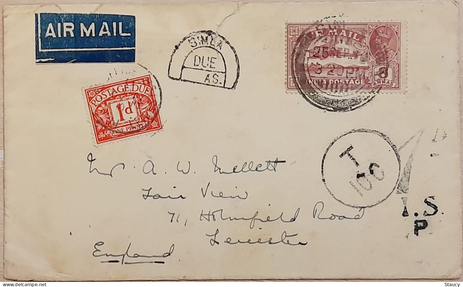 India 1933 8a KGV STAMPED & SIMLA POSTAGE DUE, UK 1d Paid Stamped MIX FRANKING Air Mail COVER To ENGLAND As Per Scan - Airmail