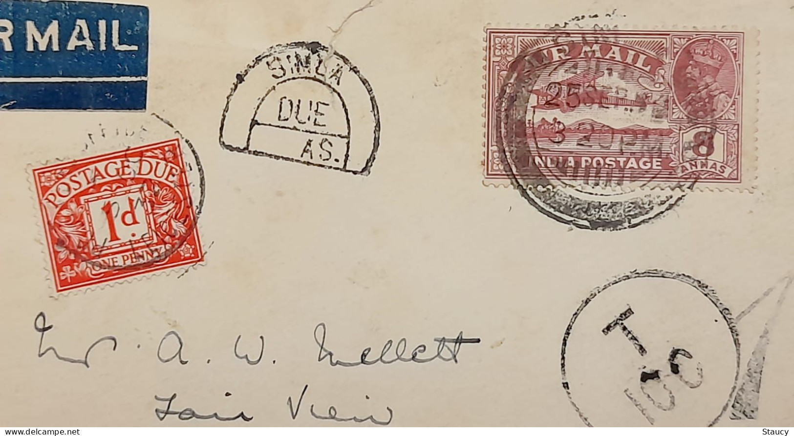 India 1933 8a KGV STAMPED & SIMLA POSTAGE DUE, UK 1d Paid Stamped MIX FRANKING Air Mail COVER To ENGLAND As Per Scan - Luftpost