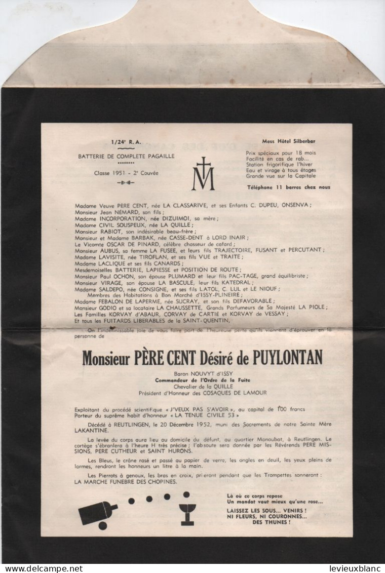 Militaria/ Faire -Part De Décés Humoristique/PERE CENT//1951       FPD126 - Esquela