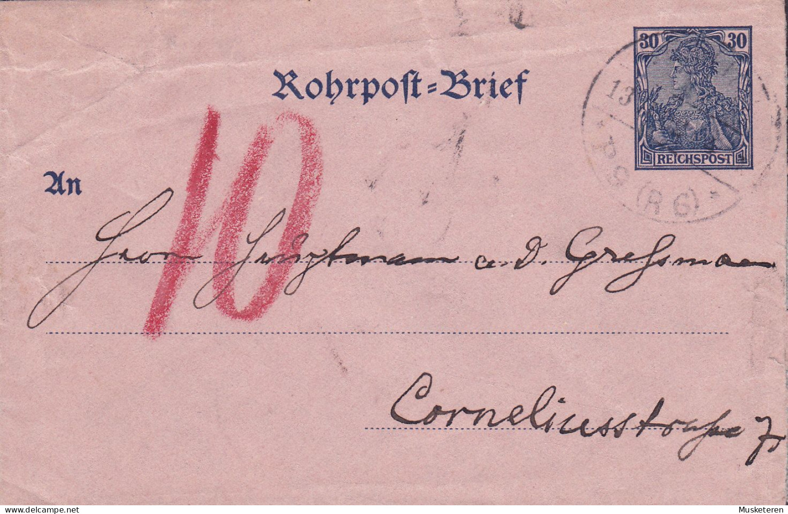 Reichspost Postal Stationery Ganzsache Entier Rohrpost-Brief Umschlag BERLIN 1902, 30 Pf Germania (2 Scans) - Briefe